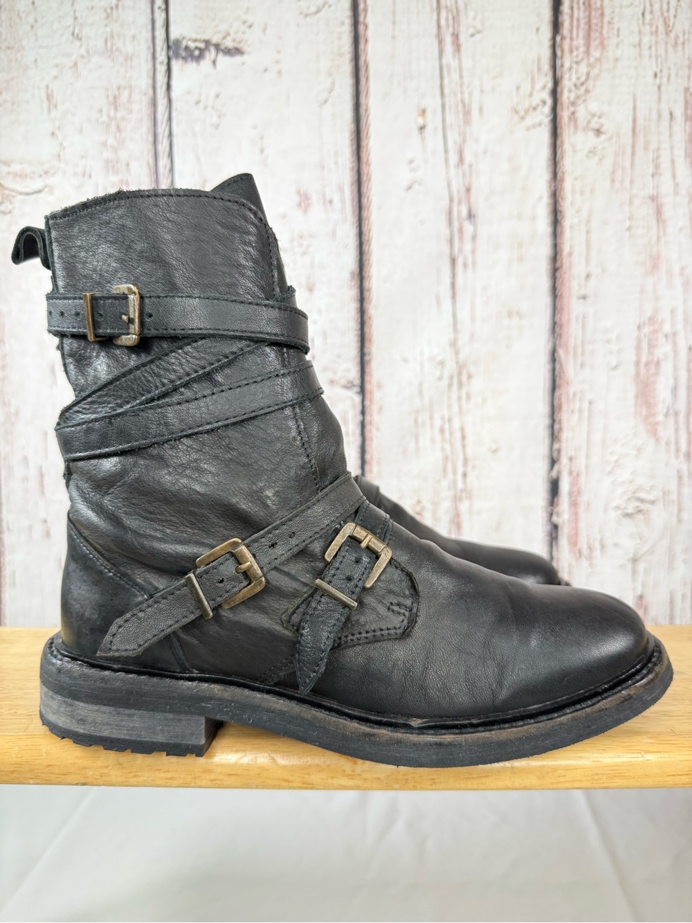 Topshop Arrested Distressed Leather Biker Strappy Moto Boots Size 39 EUC HTF